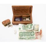 A collection of various coins including 1880 Maundy fourpence etc, in a wooden box.