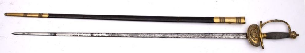 A William IV Court Sword, the straight double edge single fuller blade with acid etched decoration ,