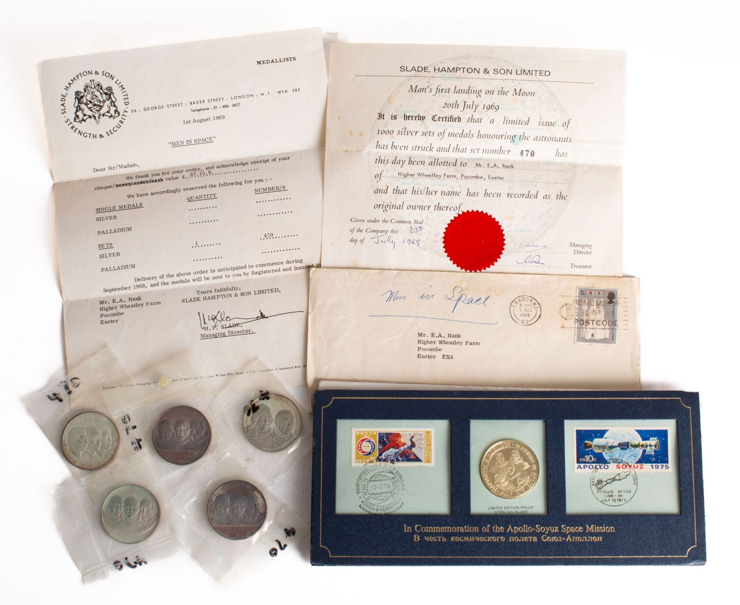 A set of five silver 1969 Moon Landing medals with certificates and cover commemorating the