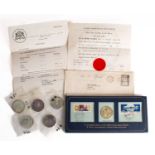 A set of five silver 1969 Moon Landing medals with certificates and cover commemorating the