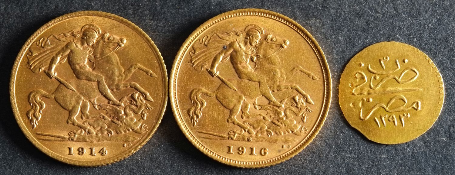 Two George V Half Sovereigns dated 1914 and 1916, with a small gold coin. - Image 2 of 4