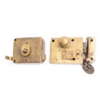 A Hobbs & Co London, brass ship's cabin door rim lock set, the case with makers plate as per title,