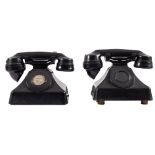 Two GEC CB Type (No dial) black Bakelite telephones, with brown fabric cord.