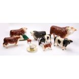 Cattle, Melbaware Hereford bull,15cm height and seven other pottery cattle figures,