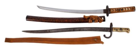 A WWI period Chassepot bayonet in later leather scabbard,