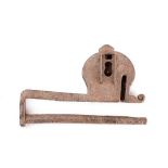 A large 18th/19th century steel padlock: with elongated hasp locking bar, 19.