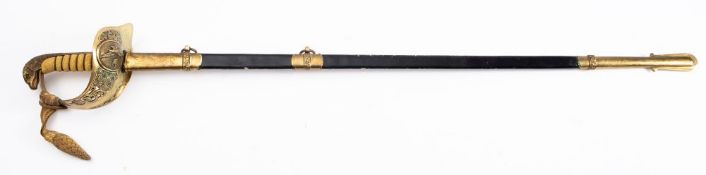 A George V RAF Officer's sword,, the straight single edged blade with acid etched decoration,