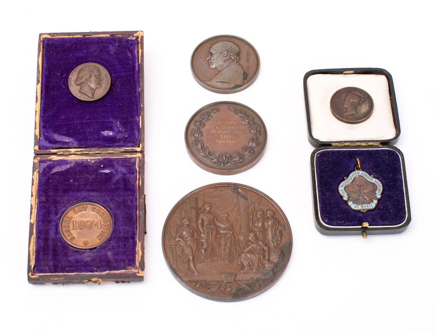 A mixed group of copper and other medallions including James Walt Royal Cornwall Polytechnic medal,