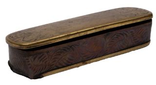 A Dutch brass and copper rectangular tobacco box, rubbed engraved decoration and damaged end,