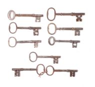 Nine various steel keys with plain bows and shaped shanks: (9)