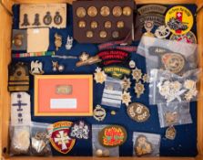 A collection of Commonwealth and foreign cap badges and cloth insignia, including Royal Signals,