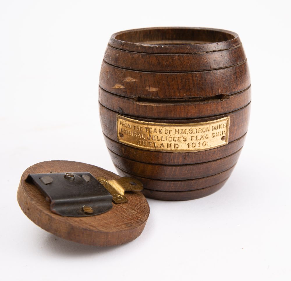 HMS Iron Duke. A teak barrel shaped money box and key, made from reclaimed ship's timbers. - Image 2 of 2