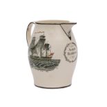 A large Liverpool creamware ship jug with strap handle,