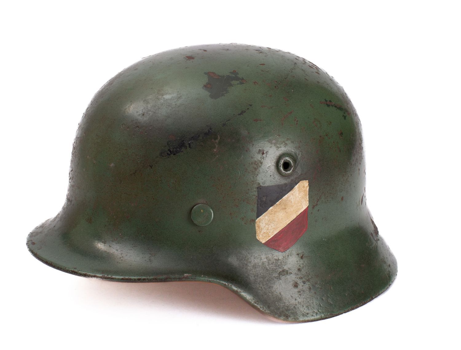 A WWII period M1942 pattern Youth's Stahlhelm green with National colours to one side and applied - Image 2 of 2