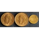 Two George V Half Sovereigns dated 1914 and 1916, with a small gold coin.