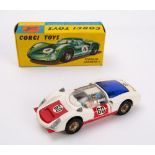 Corgi 330 Porsche Carrea 6 Racing Car: white body with black interior and driver, red bonnet,