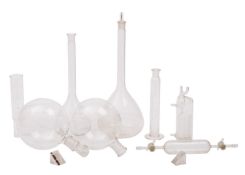 A collection of various laboratory glassware, including a Volumetric flask, a round bottom flask,
