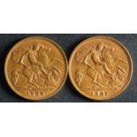 Two Edwardian Half Sovereigns dated 1907 and 1908.
