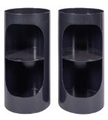 A pair of Tomotom black painted chipboard and card bedside stands,