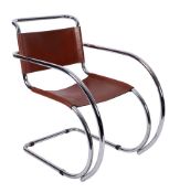 A chromium plated metal and leather elbow chair, MR20, after Ludwig Mies Van Der Rohe,