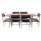 A teak and metal dining suite, circa 1960s; the rectangular table on simple straight legs,