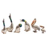 A set of six silver and enamel miniature birds, Saturno Italy, late 20th century,