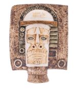 A Troika pottery mask, of double faced spade form the textured ground with ivory,