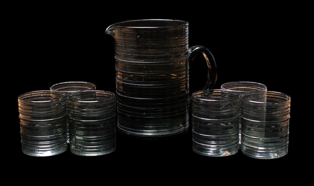 Kaj Franck for Nuutajarvi a Rustica jug and six beakers, in smoke glass, jug 16cm high. - Image 2 of 3