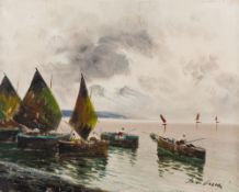 *G. de Luca (Italian, 20th century) Fishing boats in a bay,