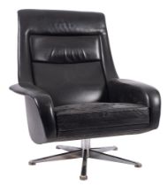 A black leather upholstered swivel armchair,