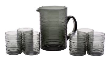 Kaj Franck for Nuutajarvi a Rustica jug and six beakers, in smoke glass, jug 16cm high.