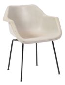A white plastic tub chair, by Robin Day for Hille,