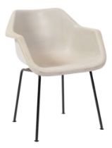 A white plastic tub chair, by Robin Day for Hille,