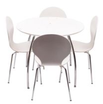 A white laminate and metal breakfast table and four matching ''Ant'' chairs,