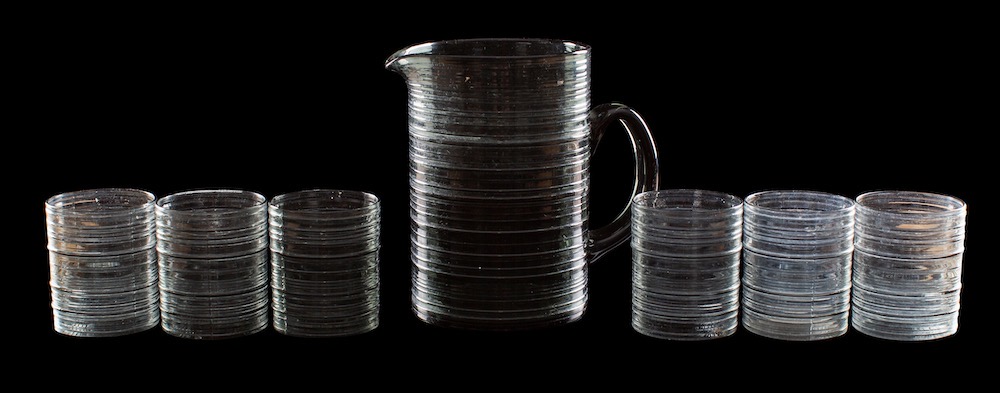 Kaj Franck for Nuutajarvi a Rustica jug and six beakers, in smoke glass, jug 16cm high. - Image 3 of 3