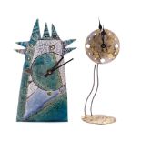 Kerry & David Whittle, a novelty metal clock together with a raku slab built stoneware clock case,