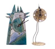 Kerry & David Whittle, a novelty metal clock together with a raku slab built stoneware clock case,