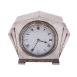 An Art Deco mantel timepiece with white enamel dial, in plated 'sunburst' case, 1930s. 17cm wide.