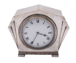 An Art Deco mantel timepiece with white enamel dial, in plated 'sunburst' case, 1930s. 17cm wide.