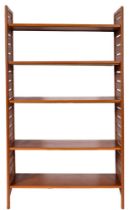 A teak modular wall shelving unit, probably by Ladderax, circa 1960s; with five adjustable shelves,