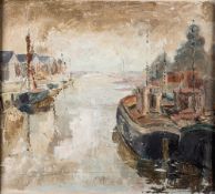 British School (20th century) A harbour scene with fishing boats Oil on canvas laid to board 45 x