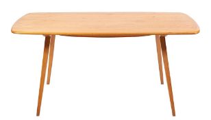 A light oak dining table, and six beech wood chairs, by Ercol, circa 1960s; the table 71cm high,