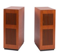 A pair of rectangular teak music speakers,