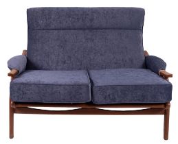 A beech and blue upholstered lounge suite, probably Parker Knoll,