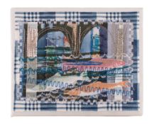 Rachel Sumner [Contemporary] fish and bridge, a framed textile, 10 x 13cm.