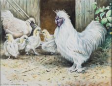 *Peter Currington (British, contemporary school) Silkie chickens outside a barn
