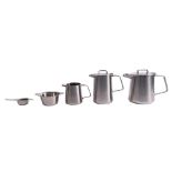 A stainless steel Oriana pattern five piece tea set, by Robert Welch for Old Hall,
