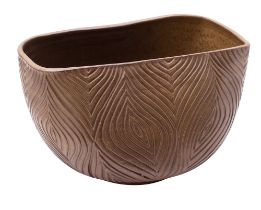 A stoneware bowl, of compressed circular form the exterior incised with a peacock feather design,