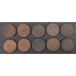 Ten copper 18th Century trade tokens.