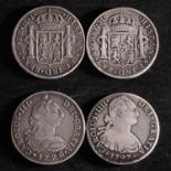 Spanish Colonial 8 Reales pieces, 1776 and 1797.